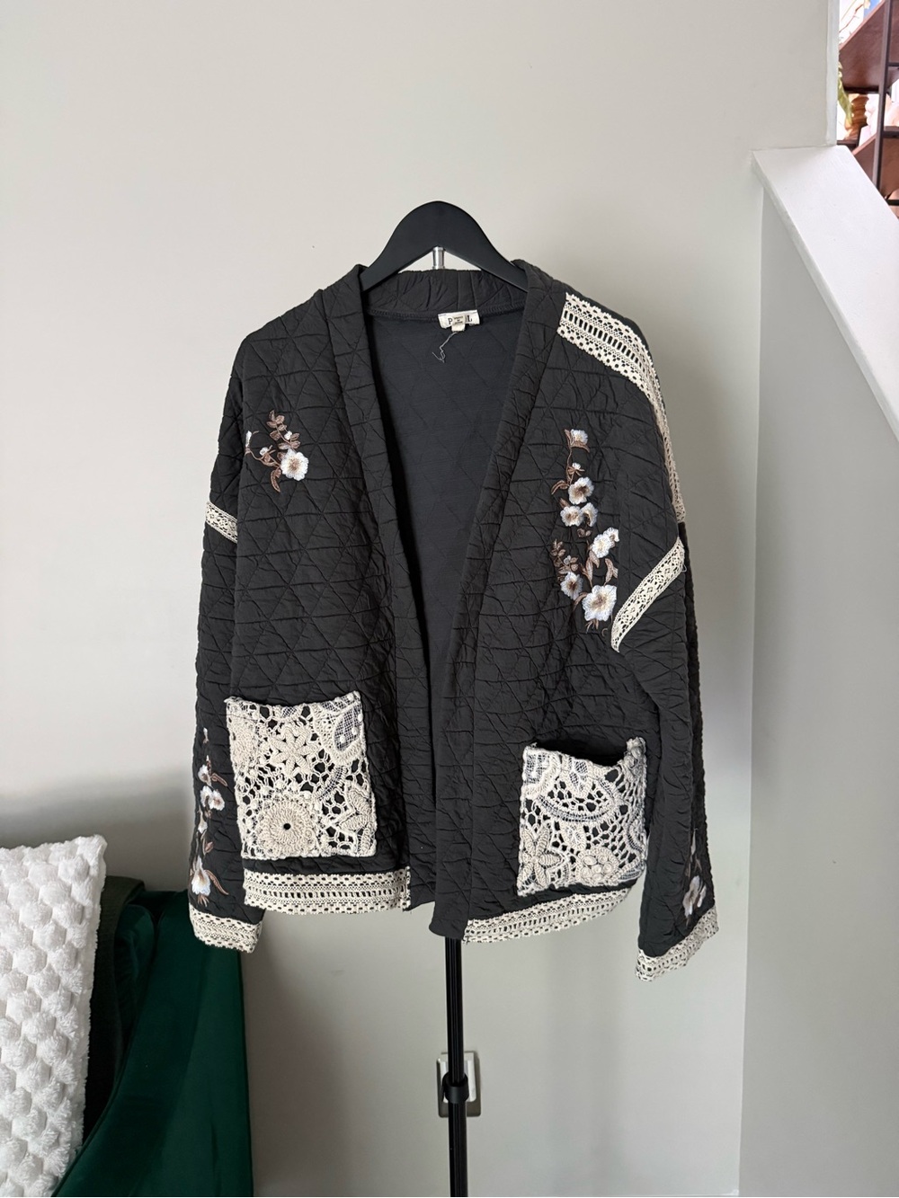 POL Dark Gray Embroidered Crochet-Trim Cardigan Sweater